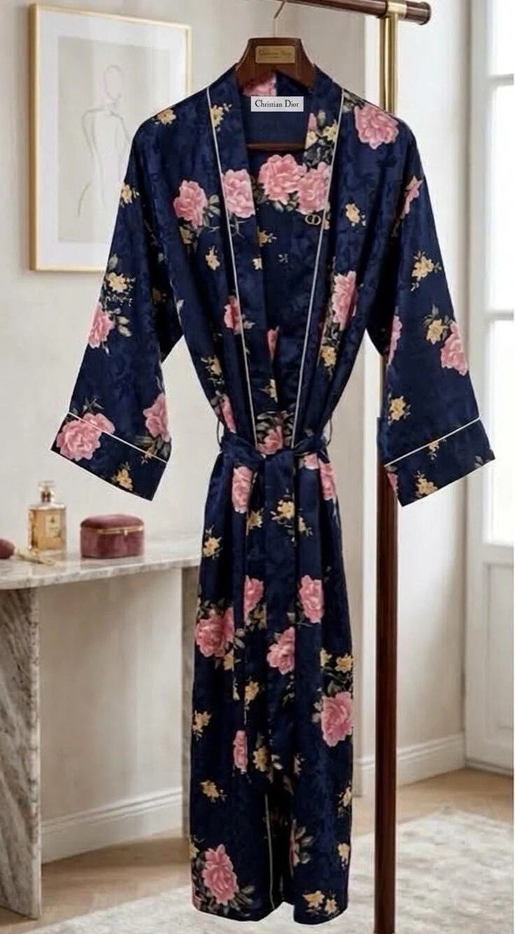 Vintage Christian Dior Floral Jacquard Satin Kimono Robe